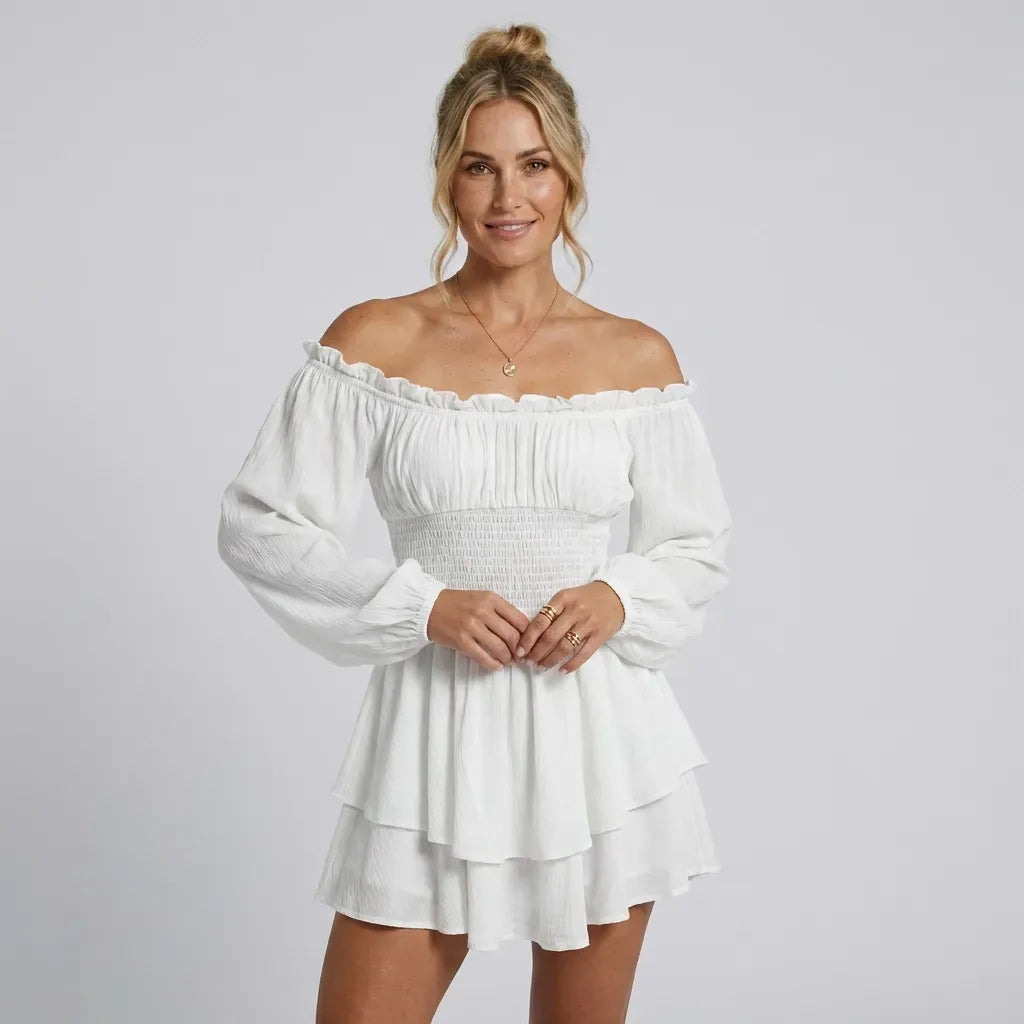 Smocked Ruffle Off Shoulder Mini Dress White 7