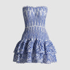 Smocked Tiered Strapless Mini Dress Blue 4
