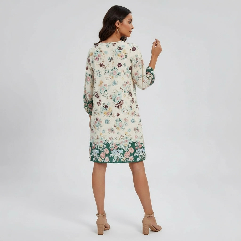 Women's V-Neck Floral Dress With 3/4 Sleeves