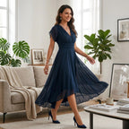 Solid Colour Fine Tulle A-Line Midi Dress with V-Neck in Dark Blue – 2