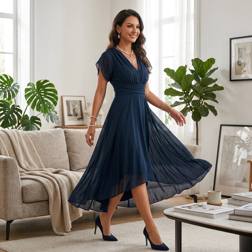 Solid Colour Fine Tulle A-Line Midi Dress with V-Neck in Dark Blue – 2