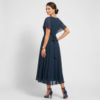 Solid Colour Fine Tulle A-Line Midi Dress with V-Neck in Dark Blue – 3