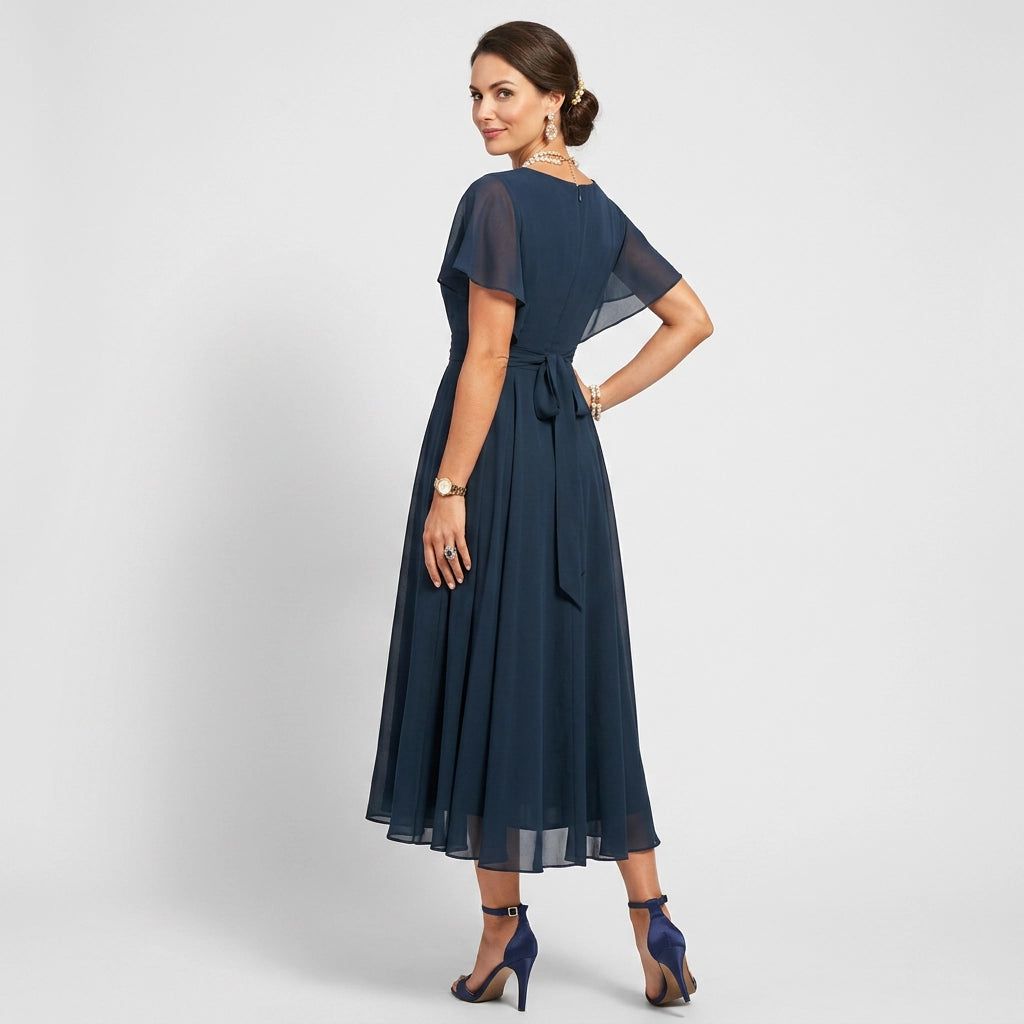 Solid Colour Fine Tulle A-Line Midi Dress with V-Neck in Dark Blue – 3