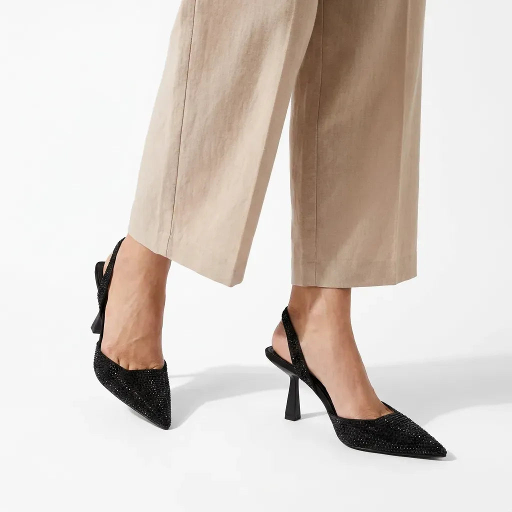 Sparkling Pointed Toe Slingback Heels Black 1