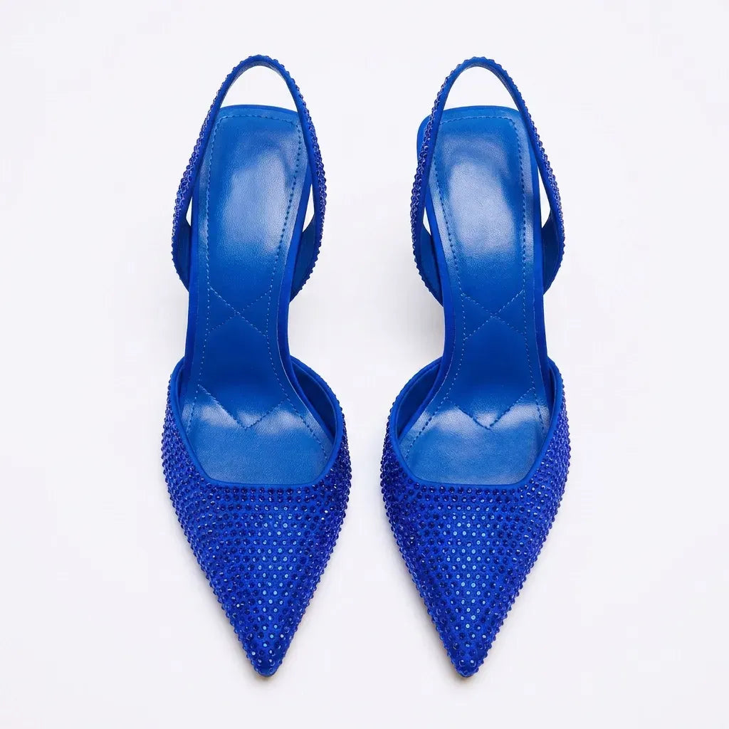 Sparkling Pointed Toe Slingback Heels Blue 2