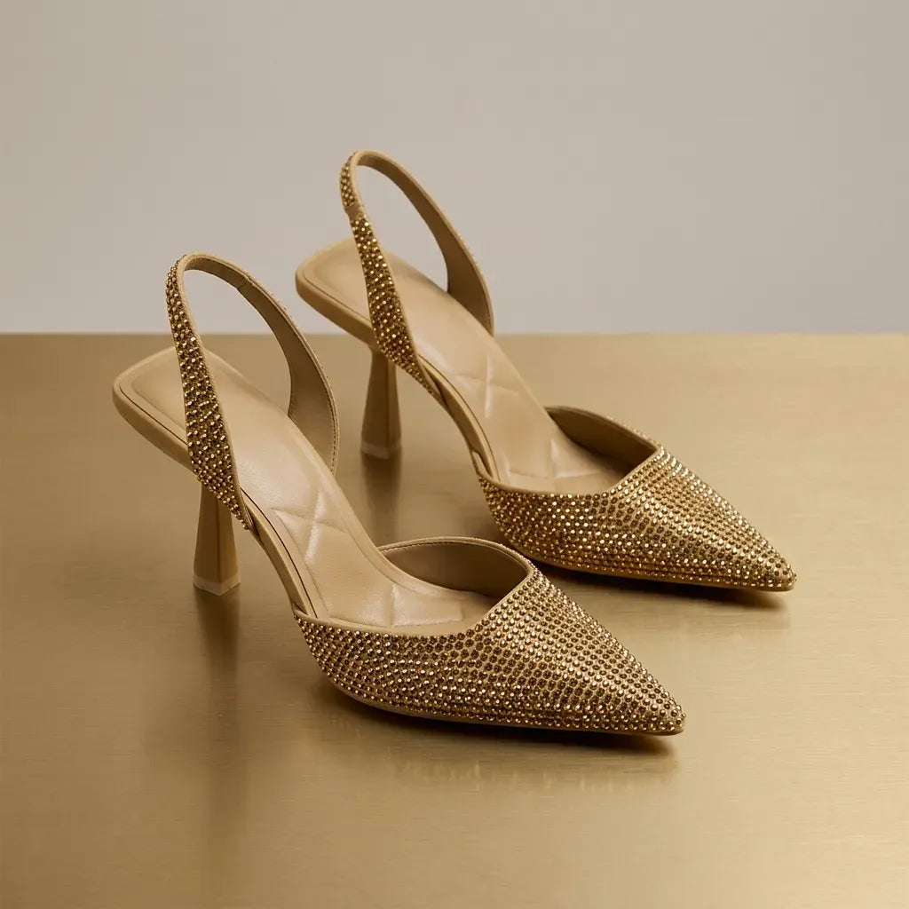 Sparkling Pointed Toe Slingback Heels Gold 3