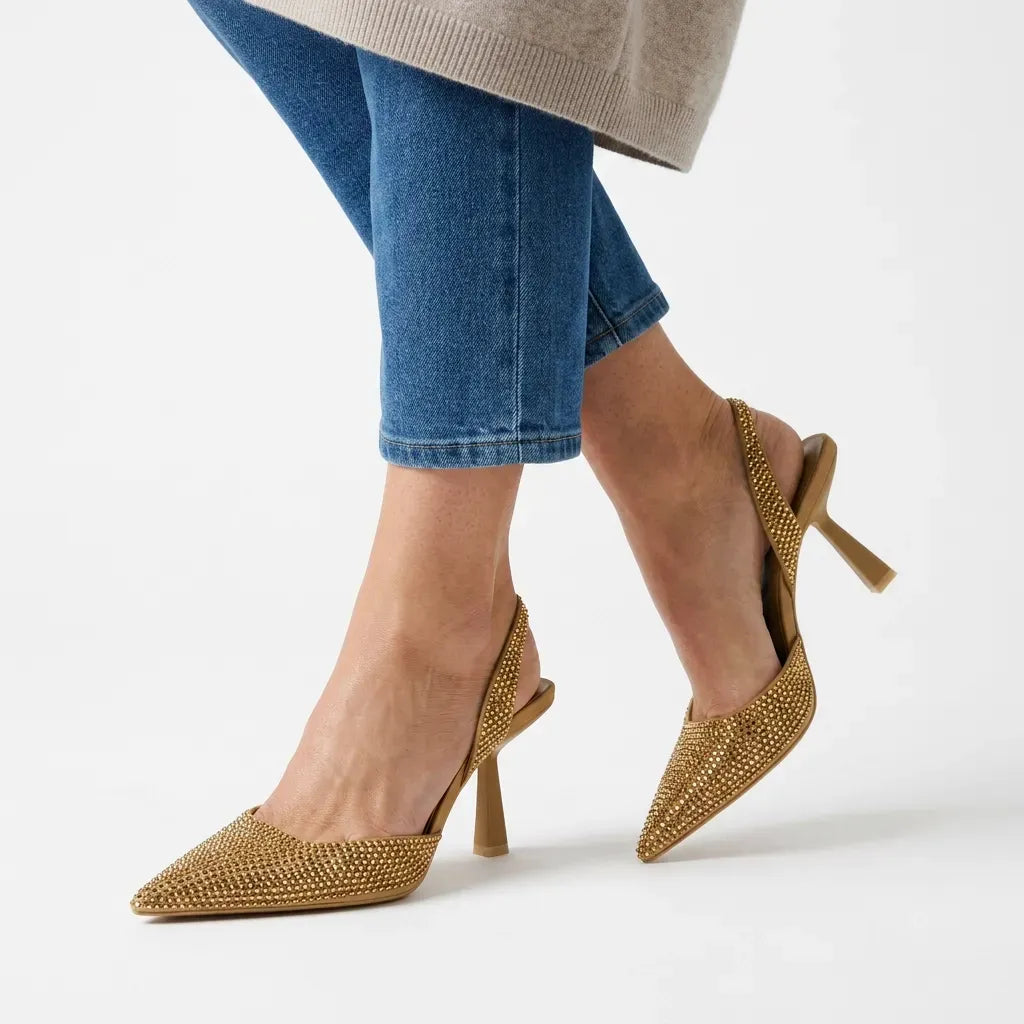 Sparkling Pointed Toe Slingback Heels Gold 6