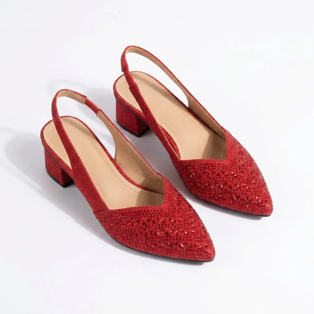 Sparkling Pointed Toe Slingback Heels with Block Heel Red 1