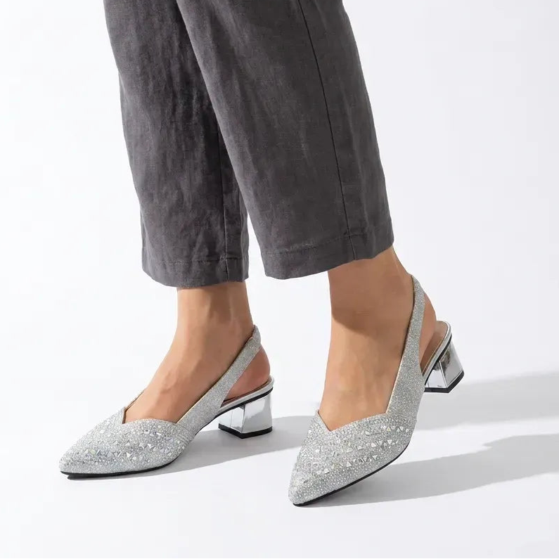 Sparkling Pointed Toe Slingback Heels with Block Heel Silver 2