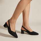 Sparkling Pointed Toe Slingback Heels with Block Heel Black 3