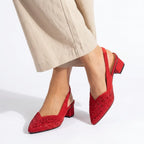 Sparkling Pointed Toe Slingback Heels with Block Heel Red 4