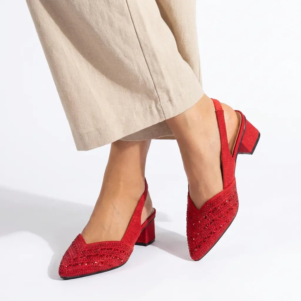 Sparkling Pointed Toe Slingback Heels with Block Heel Red 4