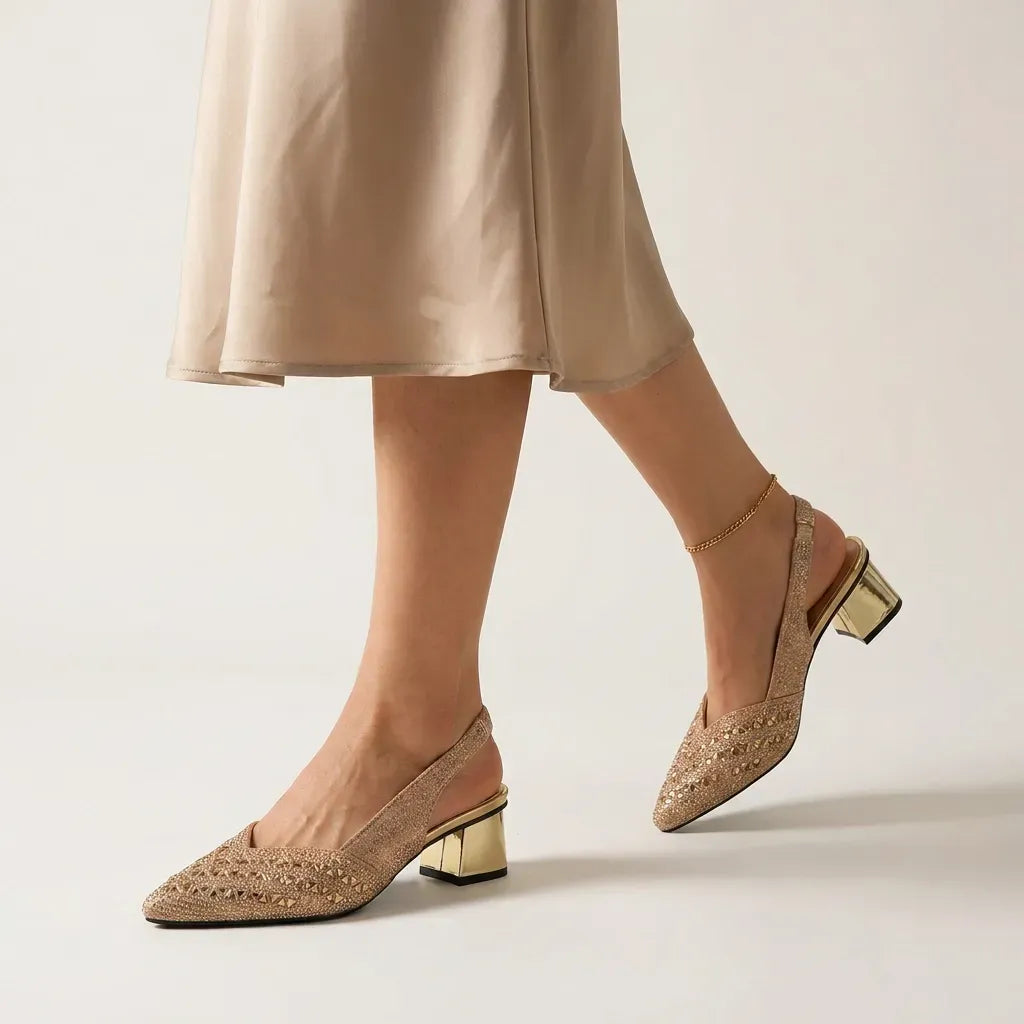 Sparkling Pointed Toe Slingback Heels with Block Heel Gold 5