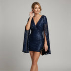 Sparkly Mini Dress with V Neck and Sleeves Dark Blue 1