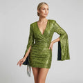 Sparkly Mini Dress with V Neck and Sleeves Green 3