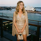 Sparkly Mini Dress with V Neck and Sleeves Beige 5
