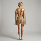 Sparkly Mini Dress with V Neck and Sleeves Beige 6