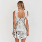 Sparkly Mini Party Dress with V Neck Silver 2