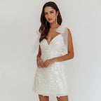Sparkly Mini Party Dress with V Neck White 8
