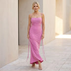 Square Neck Slip Maxi Dress with Ruching for Formal Events Pink 1
