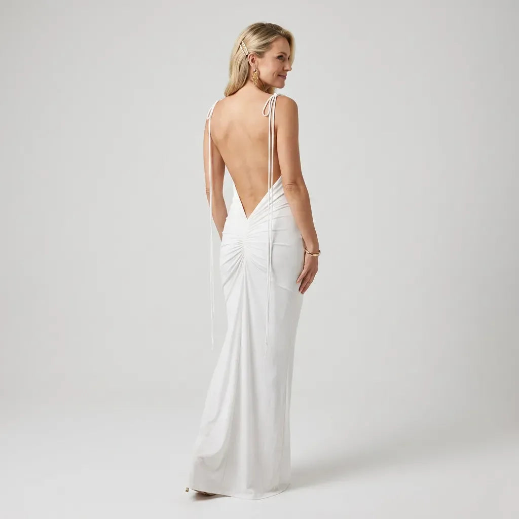 Square Neck Slip Maxi Dress with Ruching for Formal Events White 3
