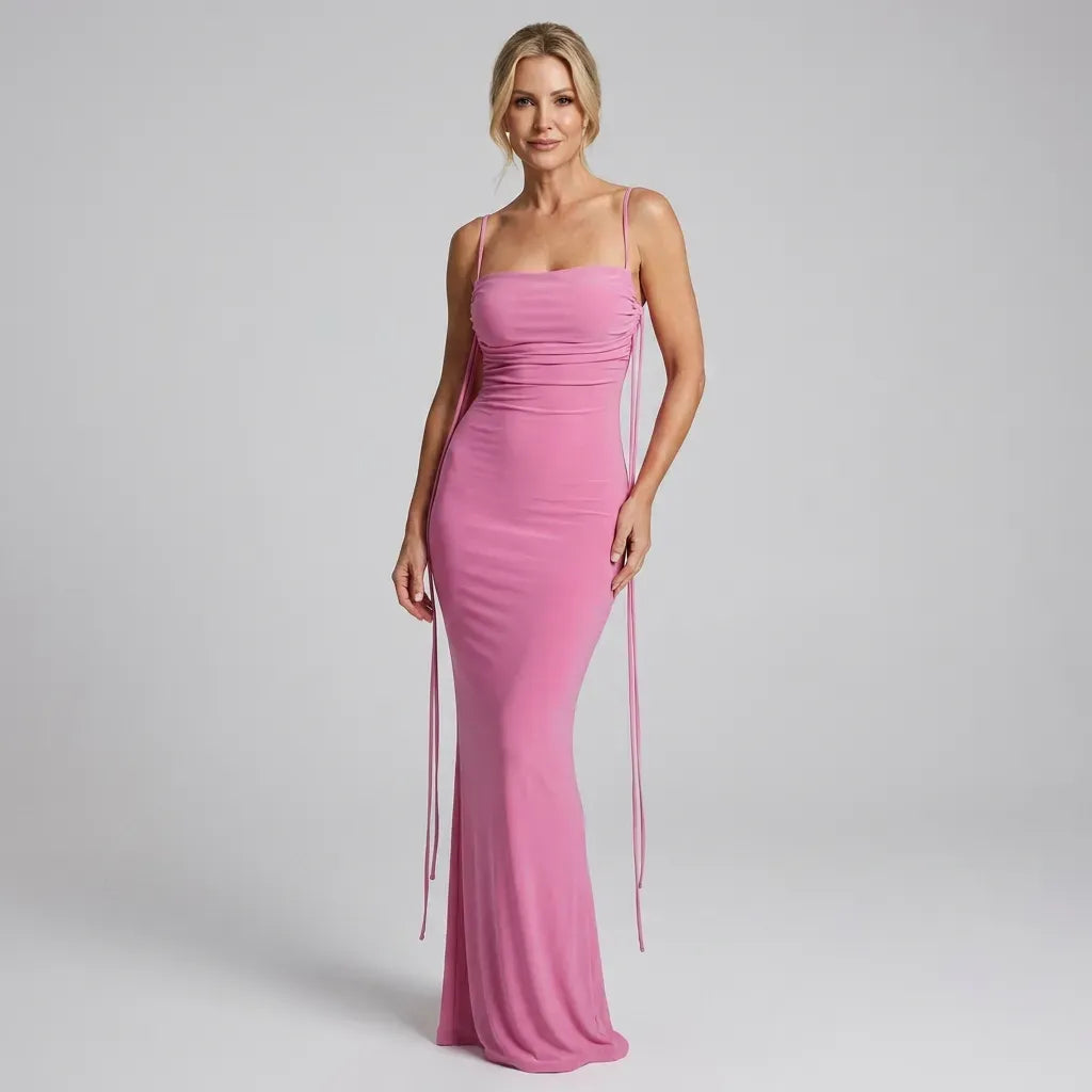 Square Neck Slip Maxi Dress with Ruching for Formal Events Pink 5