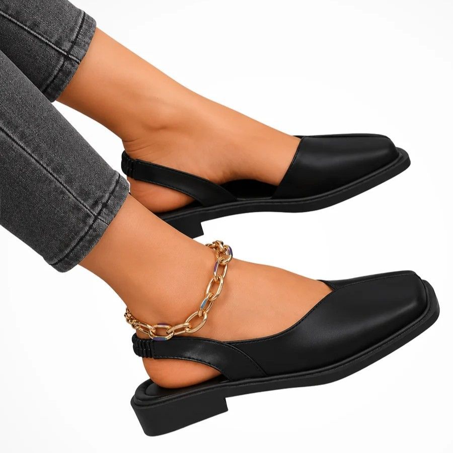 Square Toe Slingback Flats with Strap Detail Black 1