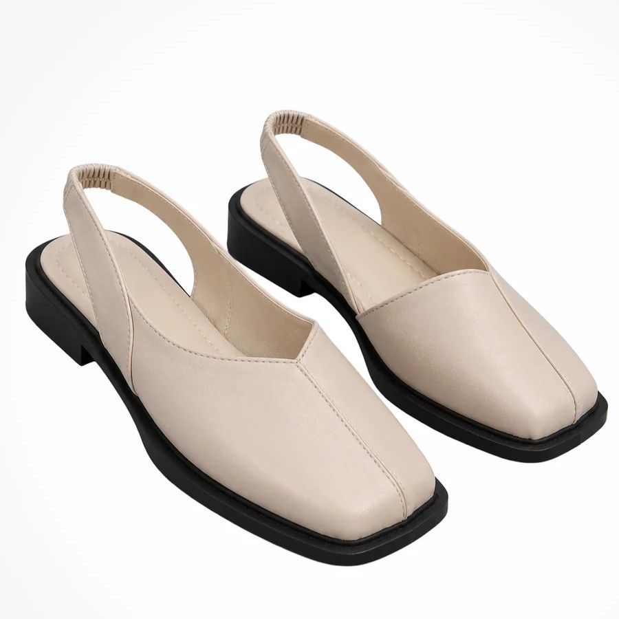 Square Toe Slingback Flats with Strap Detail Beige 2