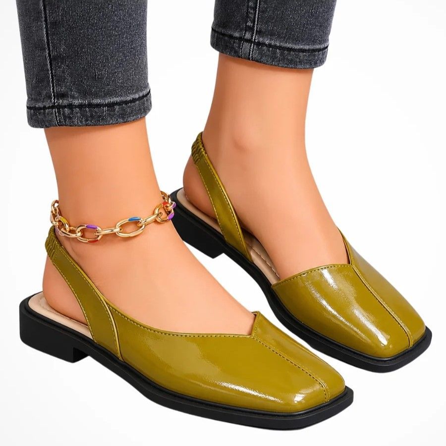 Square Toe Slingback Flats with Strap Detail Olive 3
