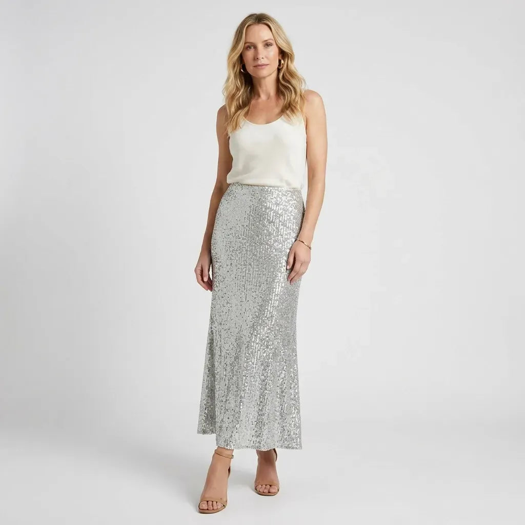 Straight Sequin Skirt with Elastic Waist Silver 1