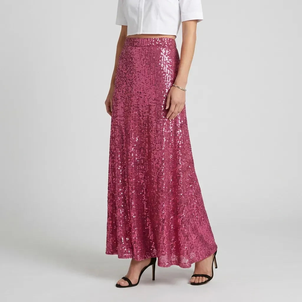 Straight Sequin Skirt with Elastic Waist Pink 2