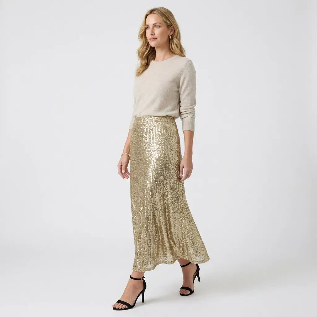 Straight Sequin Skirt with Elastic Waist Gold 4