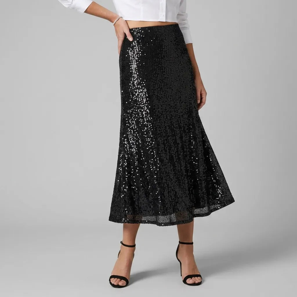 Straight Sequin Skirt with Elastic Waist Black 5