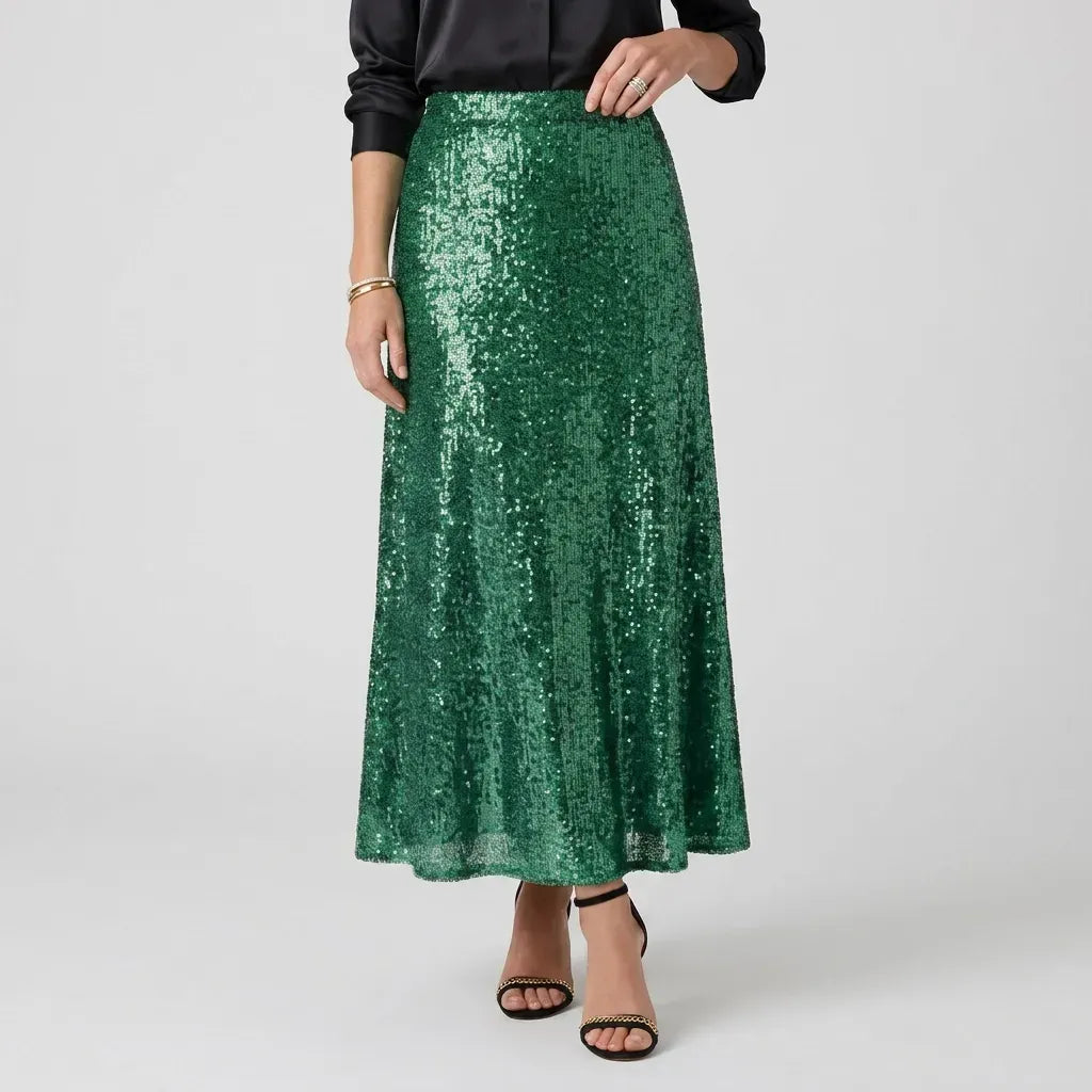Straight Sequin Skirt with Elastic Waist Dark Green 6
