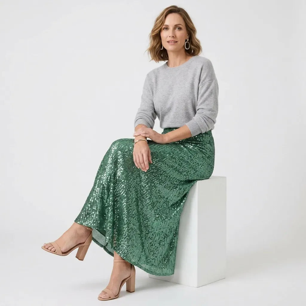 Straight Sequin Skirt with Elastic Waist Green 7