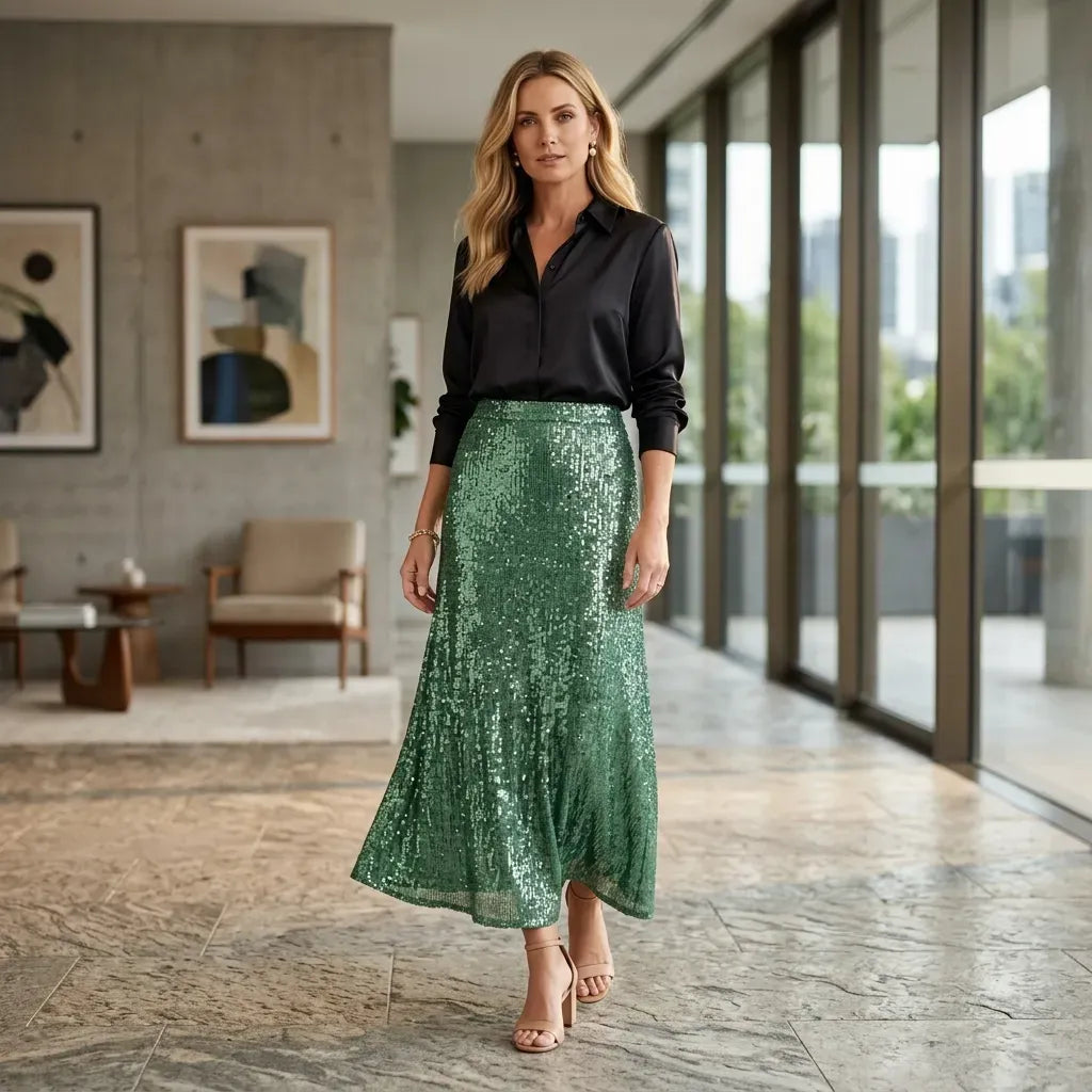 Straight Sequin Skirt with Elastic Waist Green 8