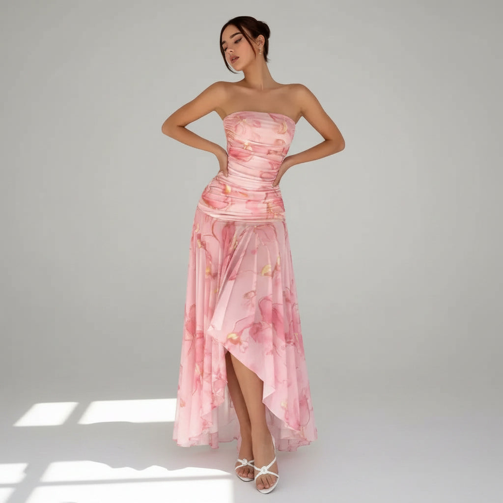 Strapless Bodycon Wedding Guest Dress with Ruching Pink 2
