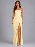 Strapless Draped Wedding Guest Maxi Dress in Yellow – 1