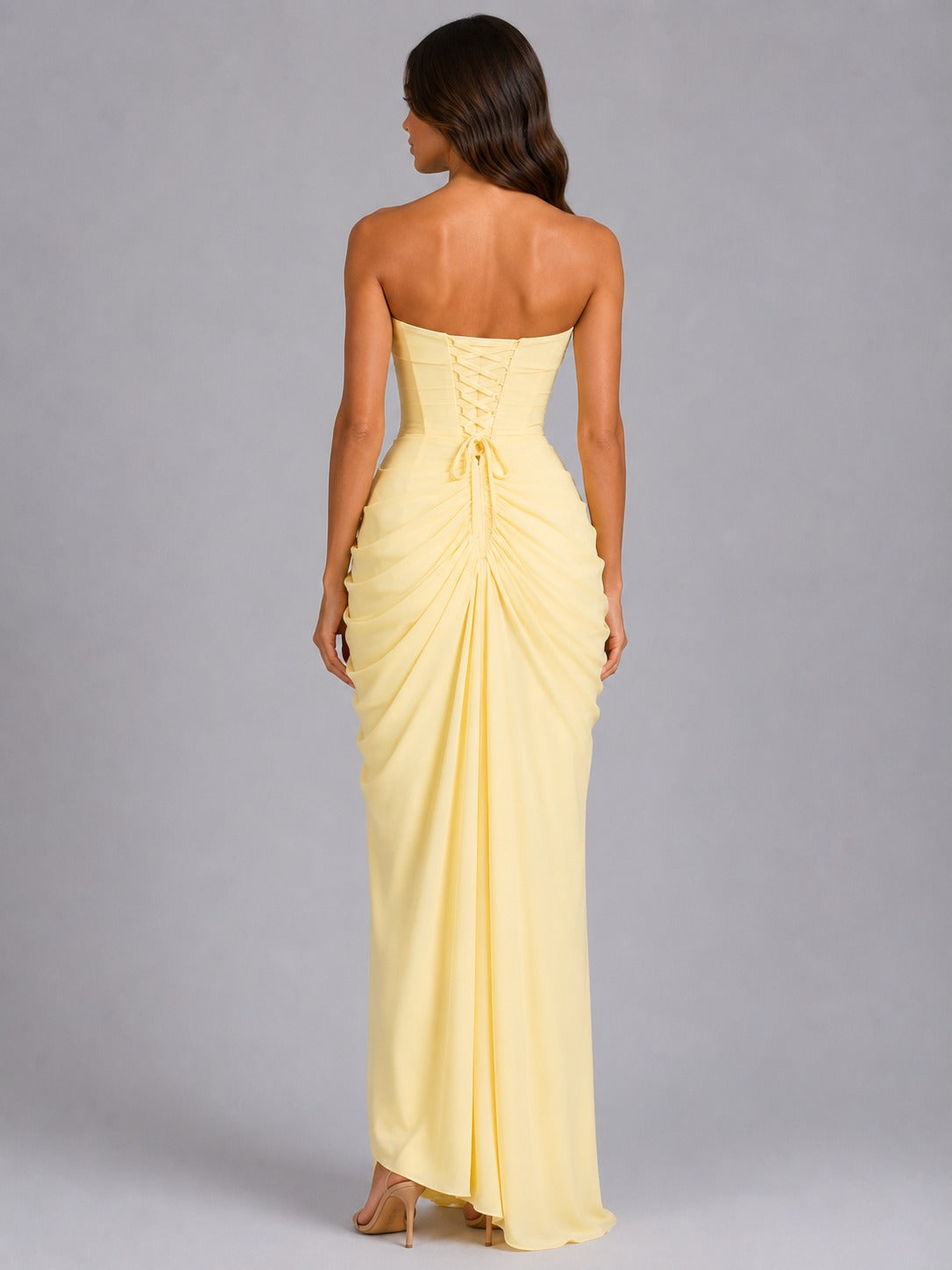 Strapless Draped Wedding Guest Maxi Dress in Yellow – 2