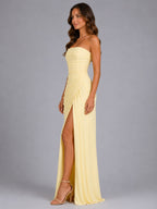 Strapless Draped Wedding Guest Maxi Dress in Yellow – 3