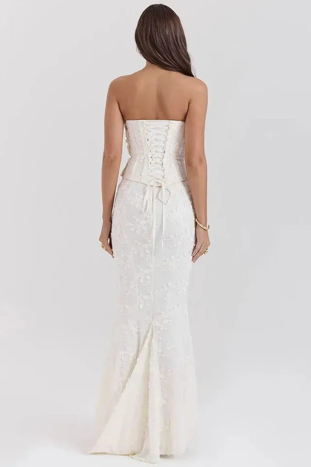 Strapless Corset Wedding Guest Maxi Dress White 1