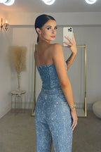 Strapless Glitter Two-Piece Set in Blue – 2