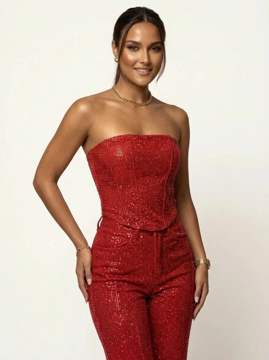 Strapless Glitter Two-Piece Set in Red – 12