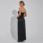 Satin Corset Maxi Dress with High Slit Black 1