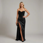 Satin Corset Maxi Dress with High Slit Black 4