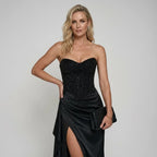 Satin Corset Maxi Dress with High Slit Black 5