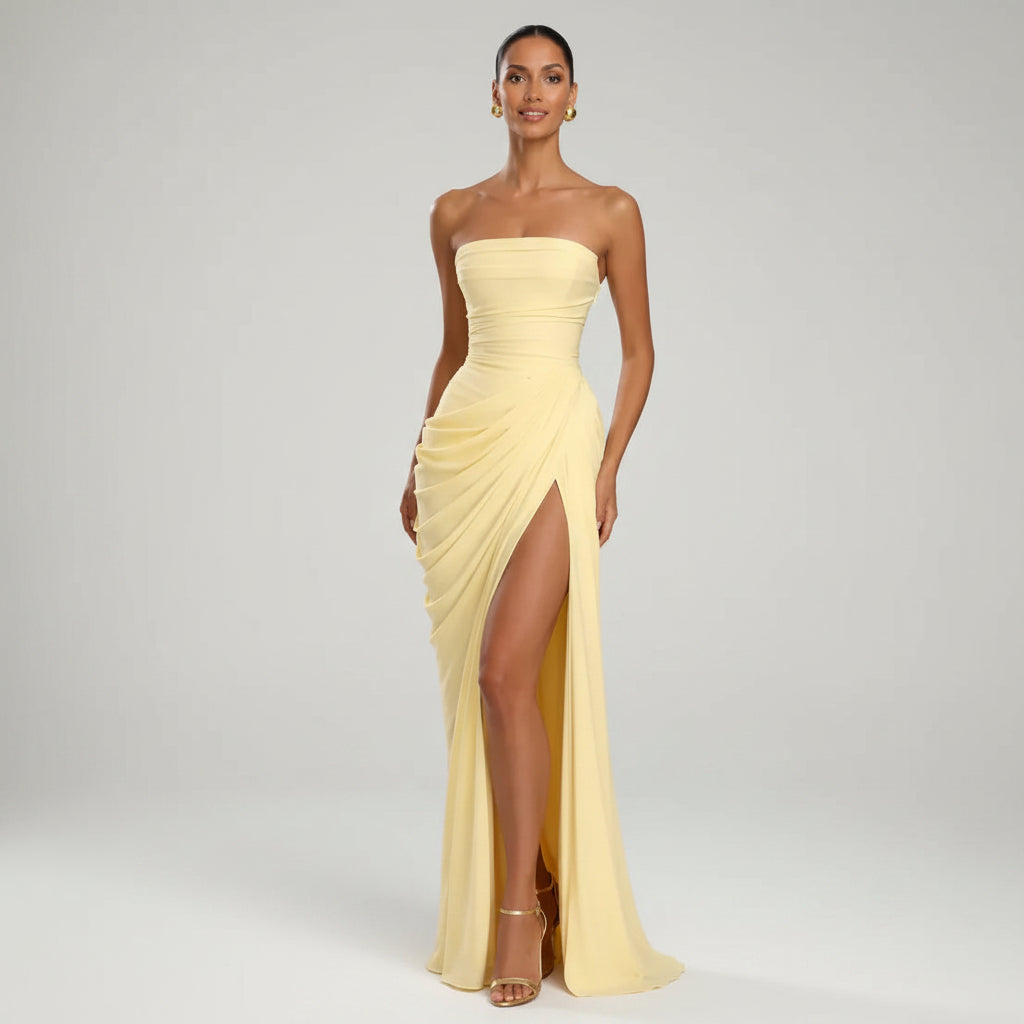 Strapless Wedding Guest Dress with Slit Yellow 2