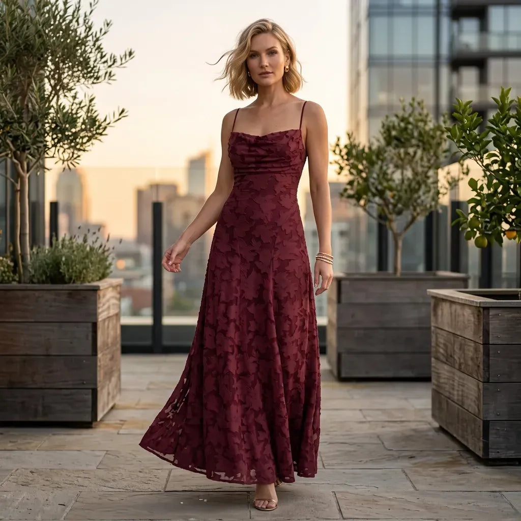Strappy Embroidered Cowl Neck Midi Dress Bordeaux 2