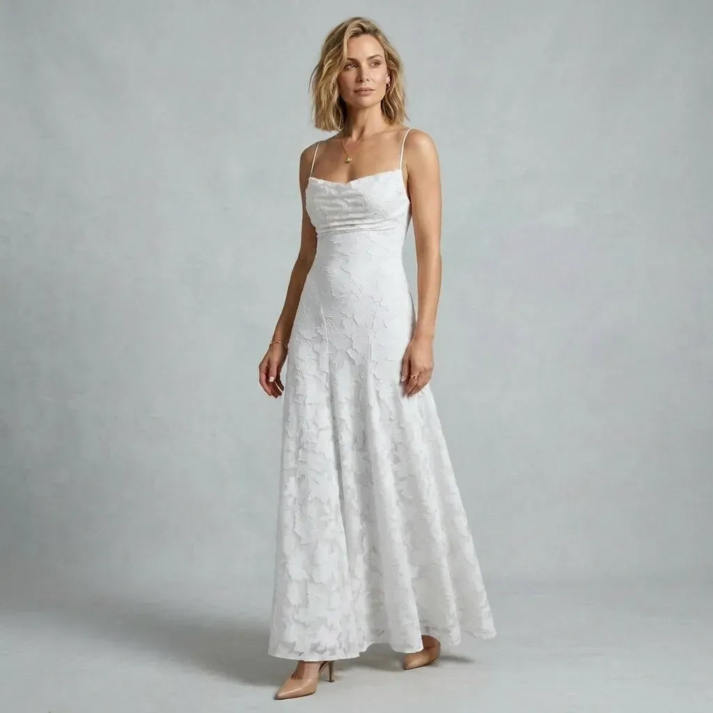 Strappy Embroidered Cowl Neck Midi Dress White 3