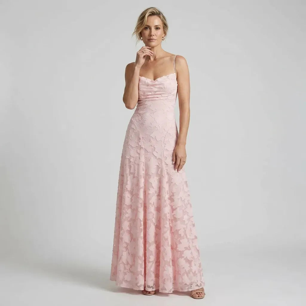 Strappy Embroidered Cowl Neck Midi Dress Pink 4